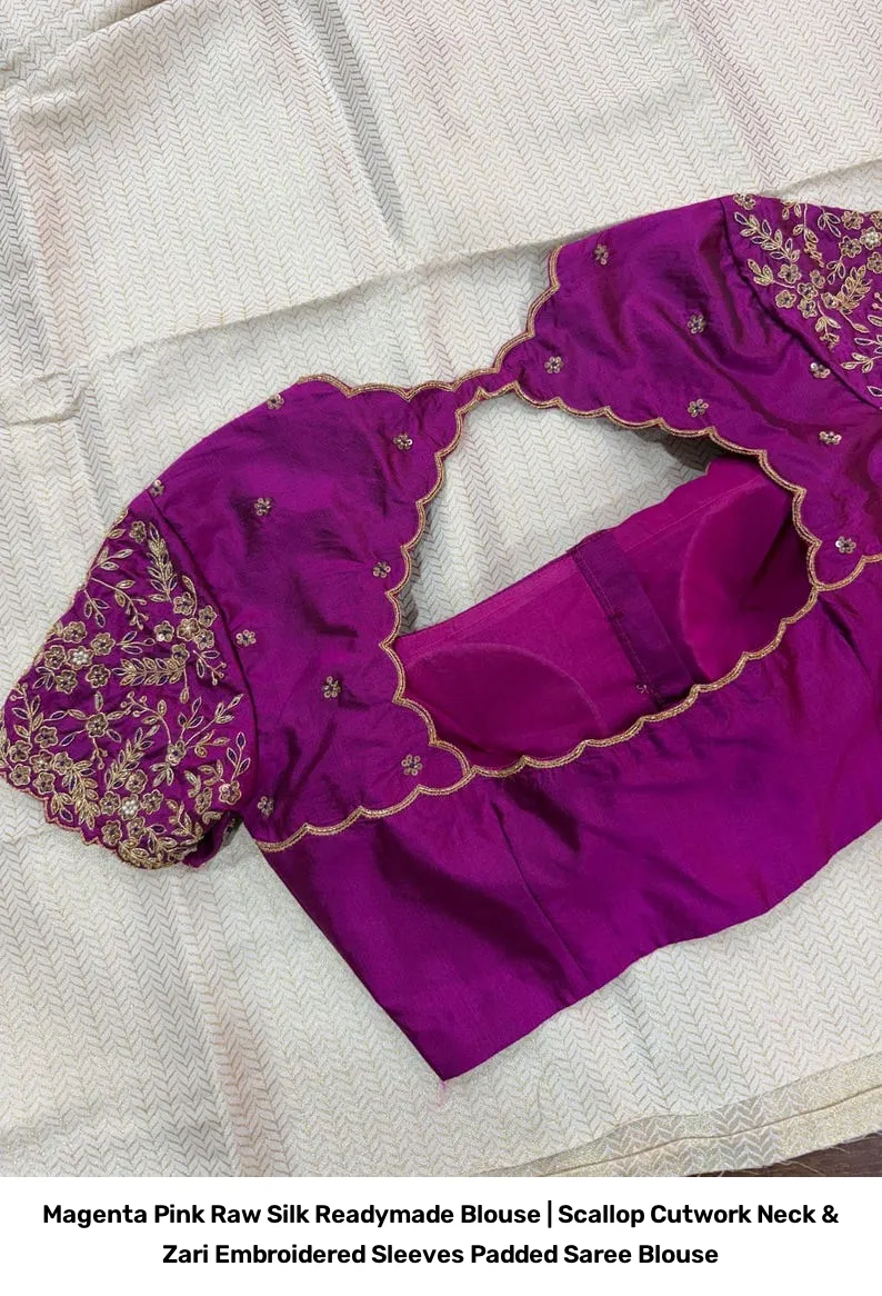 Magenta Pink Raw Silk Readymade Blouse | Scallop Cutwork Neck & Zari Embroidered Sleeves Padded Saree Blouse 3