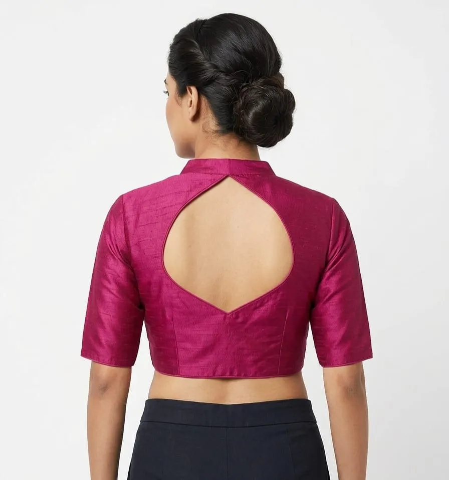 Magenta Pink Raw Silk Readymade Blouse with Mandarin Collar & Cut-Out Back