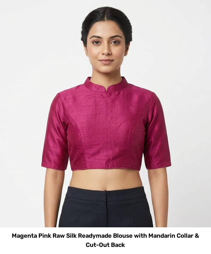 Magenta Pink Raw Silk Readymade Blouse with Mandarin Collar & Cut-Out Back 2