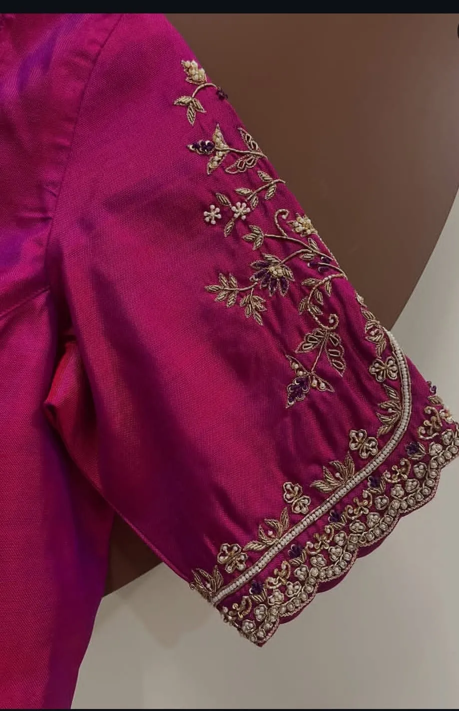Magenta Pink Raw Silk Readymade Saree Blouse | Scalloped Asymmetric Neck with Handcrafted Maggam Floral Vine Sleeves (Padded Bridal Choli)