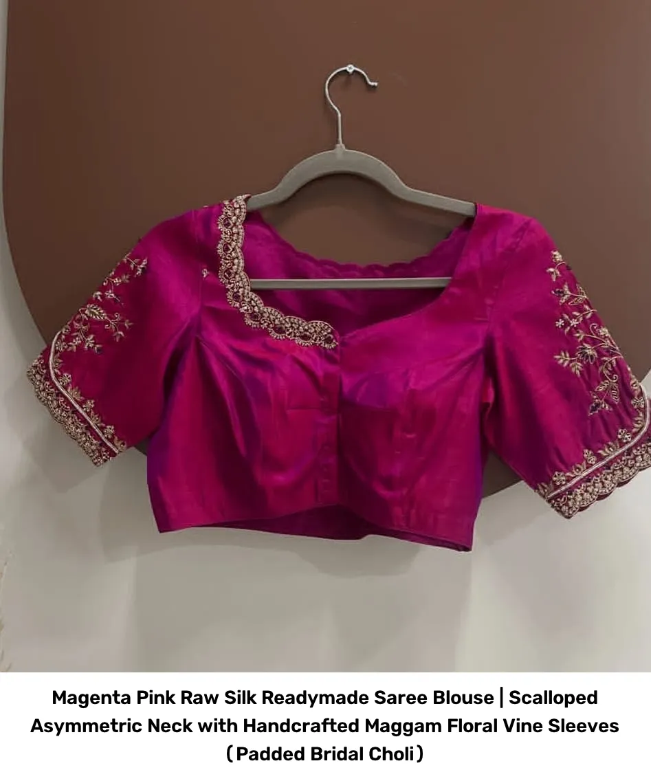 Magenta Pink Raw Silk Readymade Saree Blouse | Scalloped Asymmetric Neck with Handcrafted Maggam Floral Vine Sleeves (Padded Bridal Choli) 3