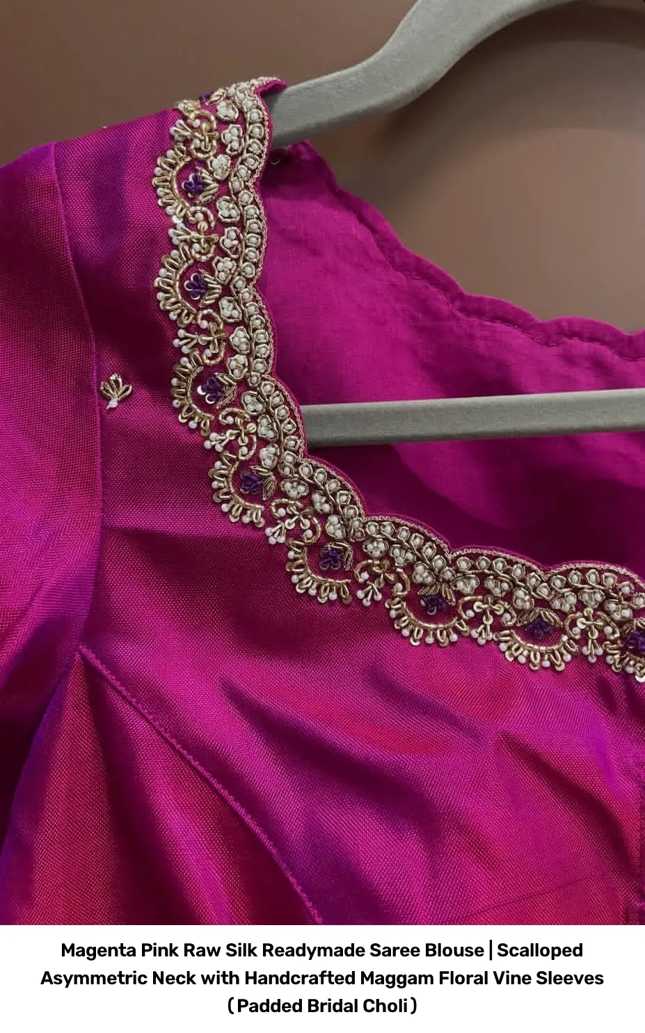 Magenta Pink Raw Silk Readymade Saree Blouse | Scalloped Asymmetric Neck with Handcrafted Maggam Floral Vine Sleeves (Padded Bridal Choli) 4