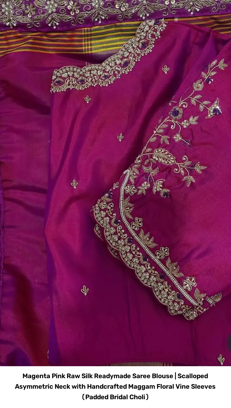 Magenta Pink Raw Silk Readymade Saree Blouse | Scalloped Asymmetric Neck with Handcrafted Maggam Floral Vine Sleeves (Padded Bridal Choli) 5