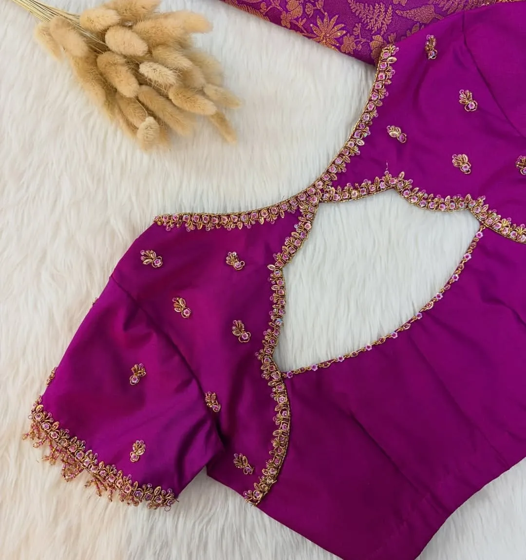 Magenta Pink Raw Silk Saree Blouse | Diamond Cutout Back with Maggam Work & Crystal Drop Tassel Sleeves