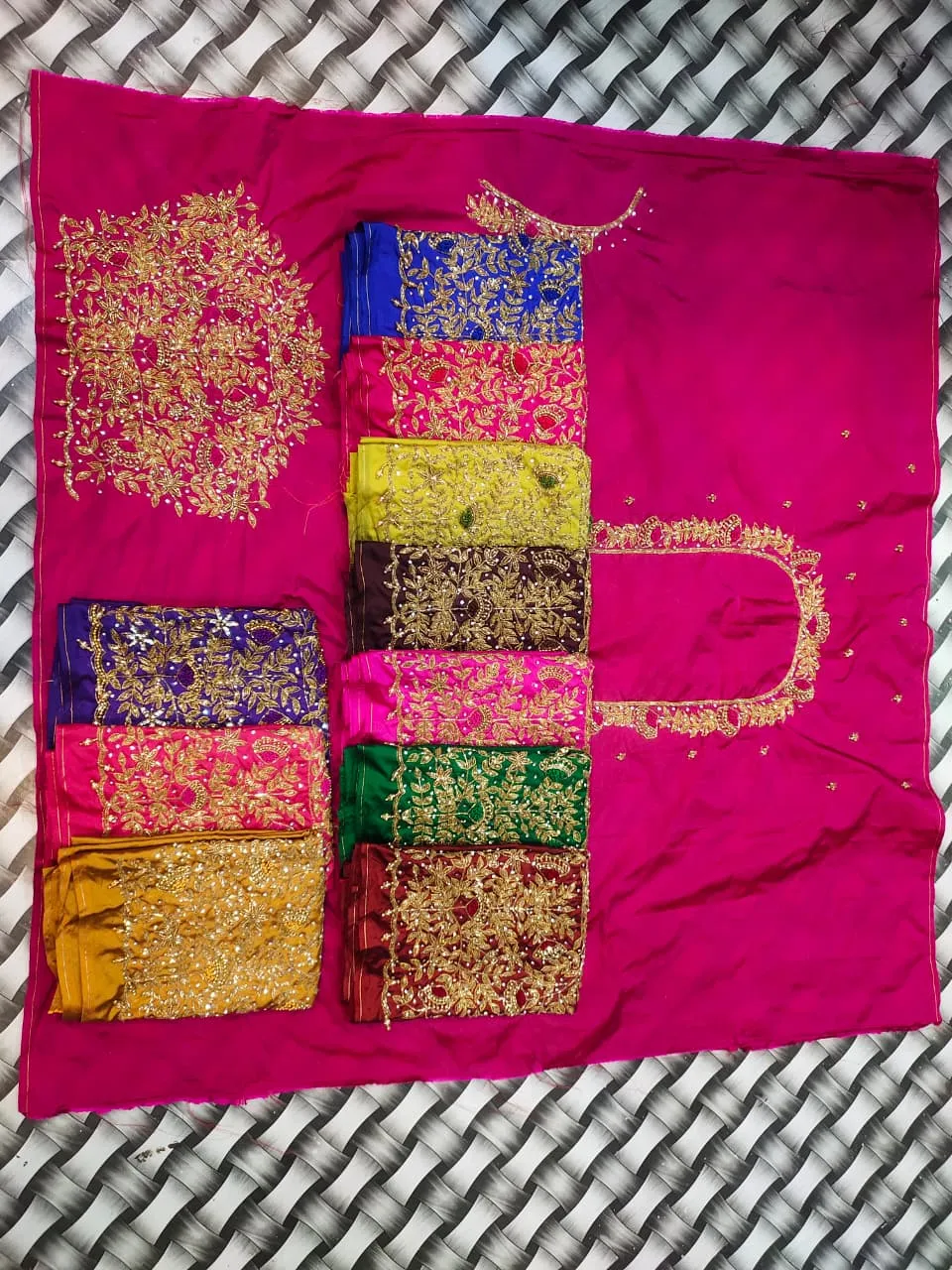 Magenta Pink Raw Silk Unstitched Blouse Piece | Heavy All-Over Floral Maggam Aari Work Neck & Full Embroidered Sleeve Fabric