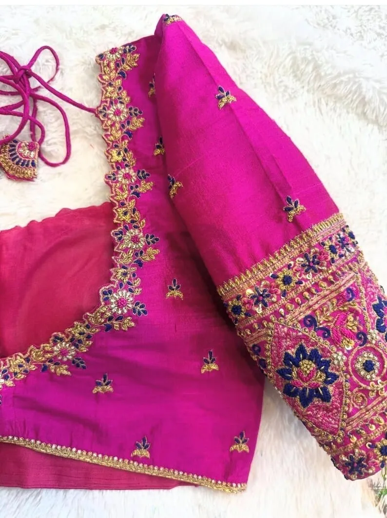 Magenta Pink Silk Bridal Blouse | Heavy Handcrafted Maggam & Aari Work Elbow Sleeve Blouse