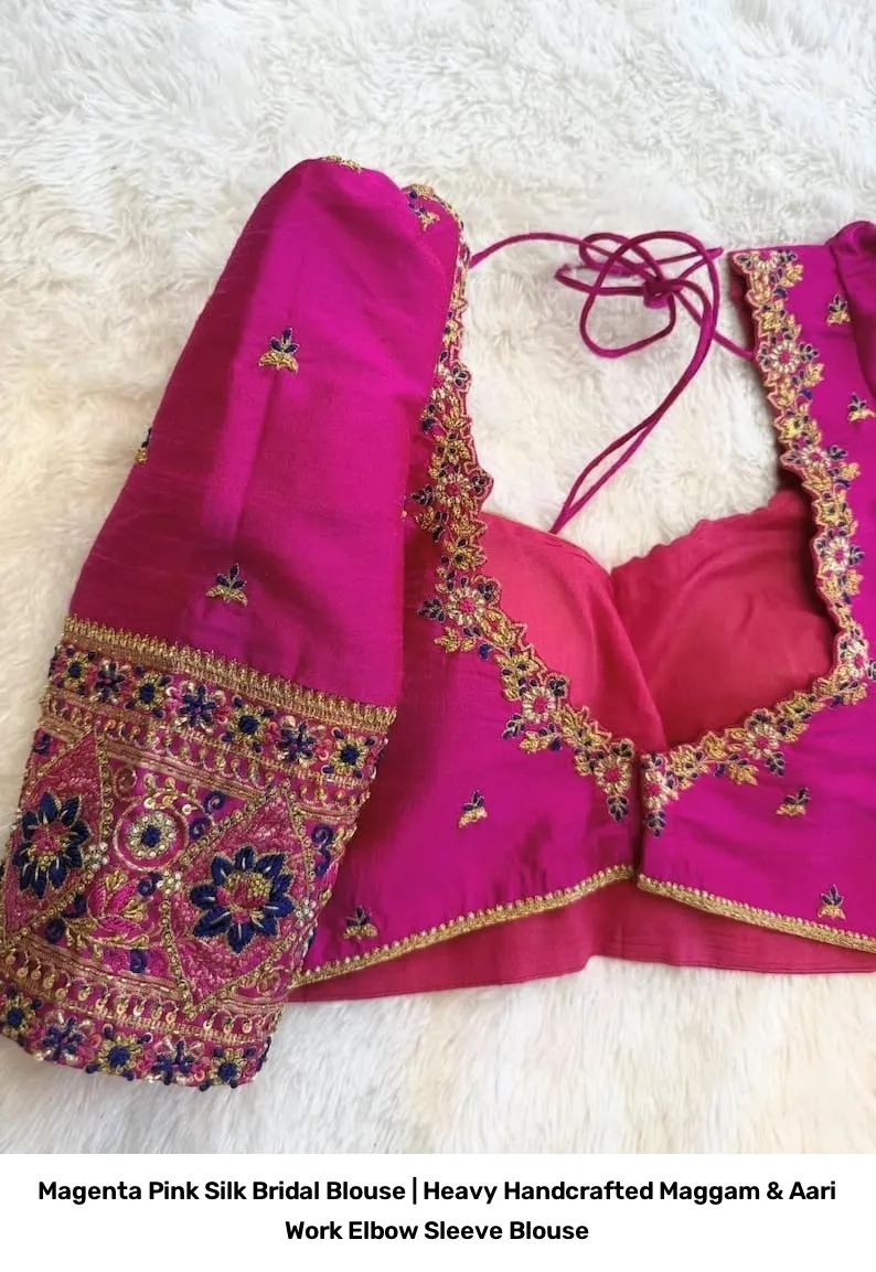 Magenta Pink Silk Bridal Blouse | Heavy Handcrafted Maggam & Aari Work Elbow Sleeve Blouse 2