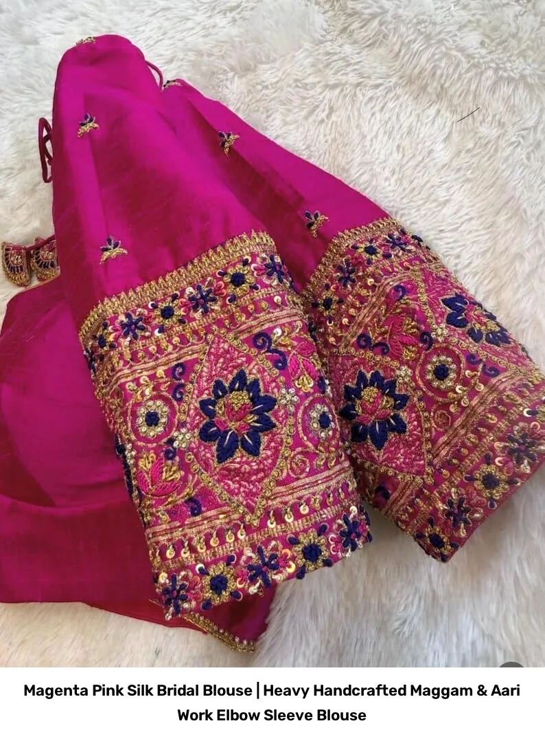 Magenta Pink Silk Bridal Blouse | Heavy Handcrafted Maggam & Aari Work Elbow Sleeve Blouse 3