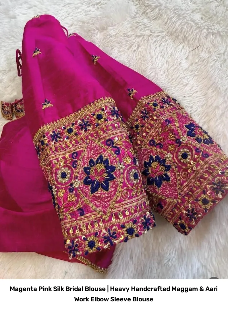 Magenta Pink Silk Bridal Blouse | Heavy Handcrafted Maggam & Aari Work Elbow Sleeve Blouse 4