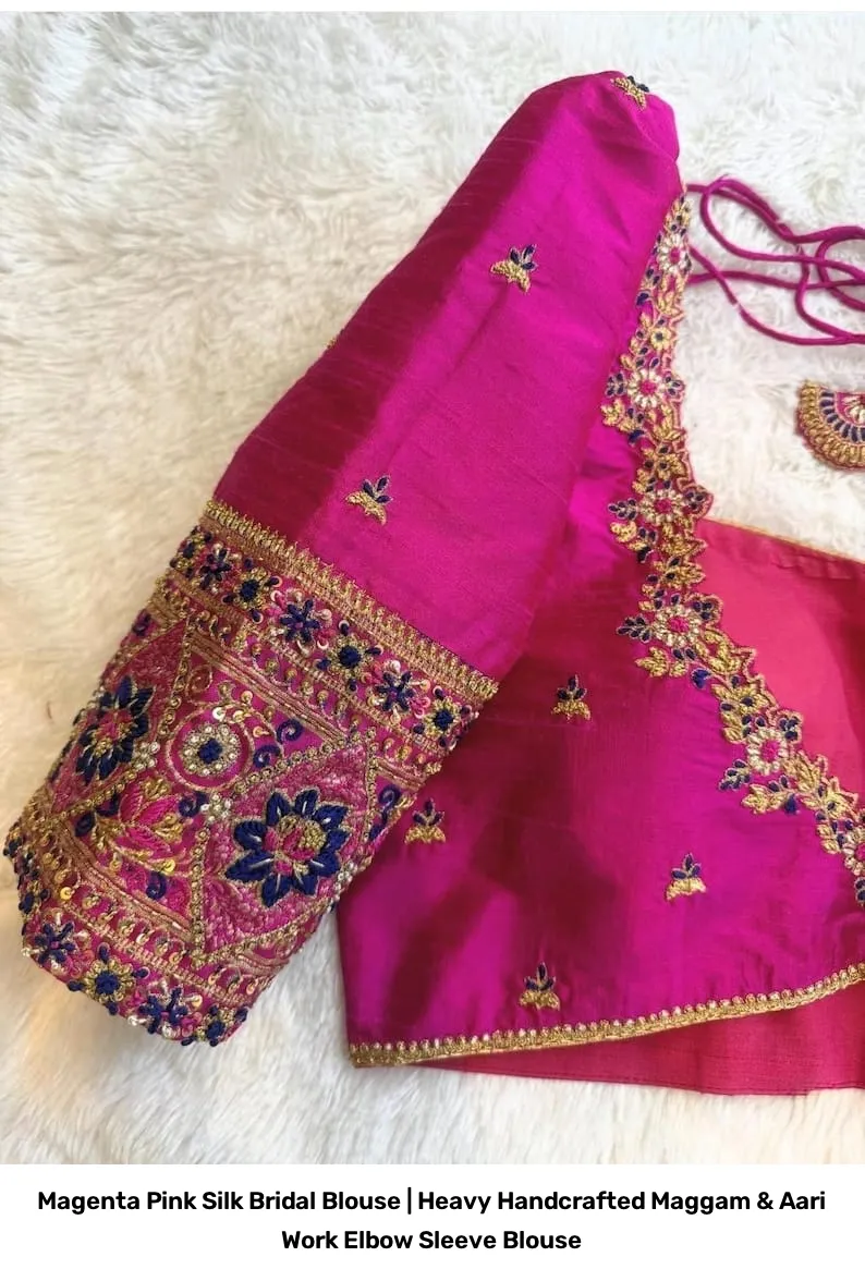 Magenta Pink Silk Bridal Blouse | Heavy Handcrafted Maggam & Aari Work Elbow Sleeve Blouse 5