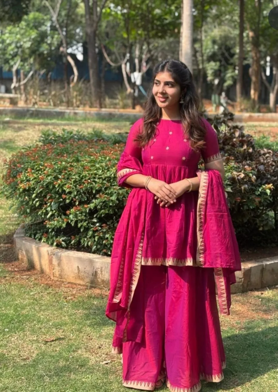 Magenta Rani Pink Pure Handloom Silk Cotton Peplum Kurti with Sharara & Dupatta Set