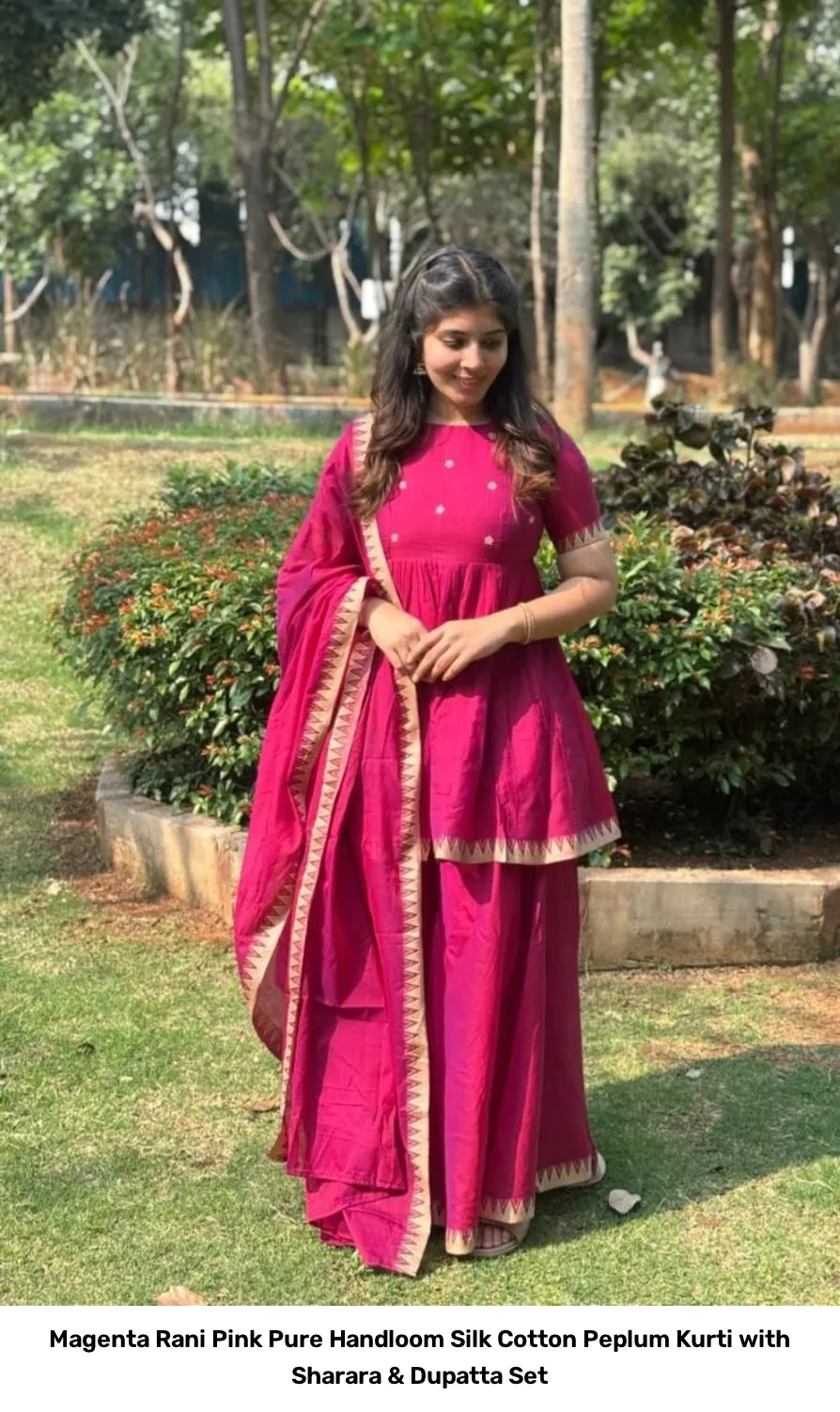 Magenta Rani Pink Pure Handloom Silk Cotton Peplum Kurti with Sharara & Dupatta Set 2