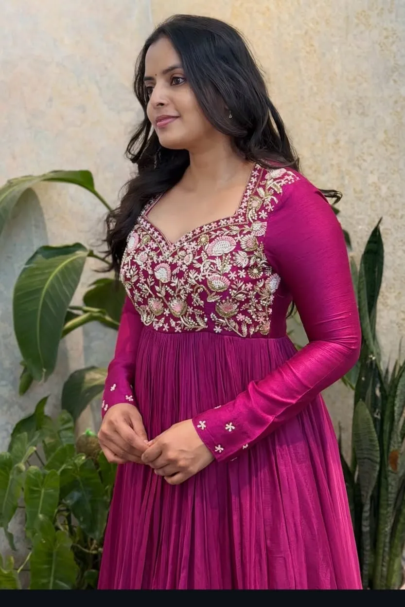 Magenta Raw Silk Anarkali Gown with Floral Zardozi Yoke