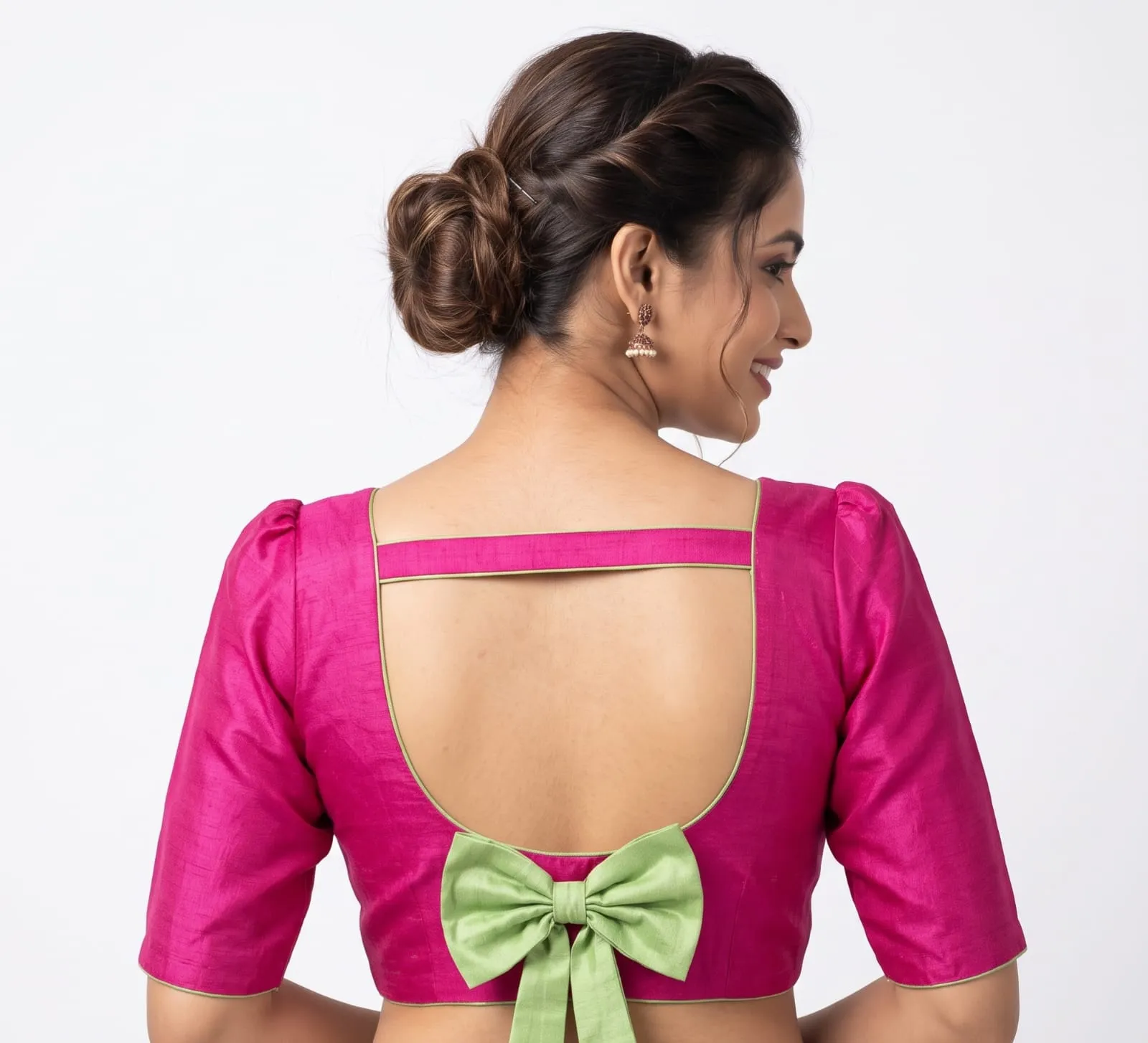 Magenta Raw Silk Back Bow Blouse Open Back Saree Crop Top