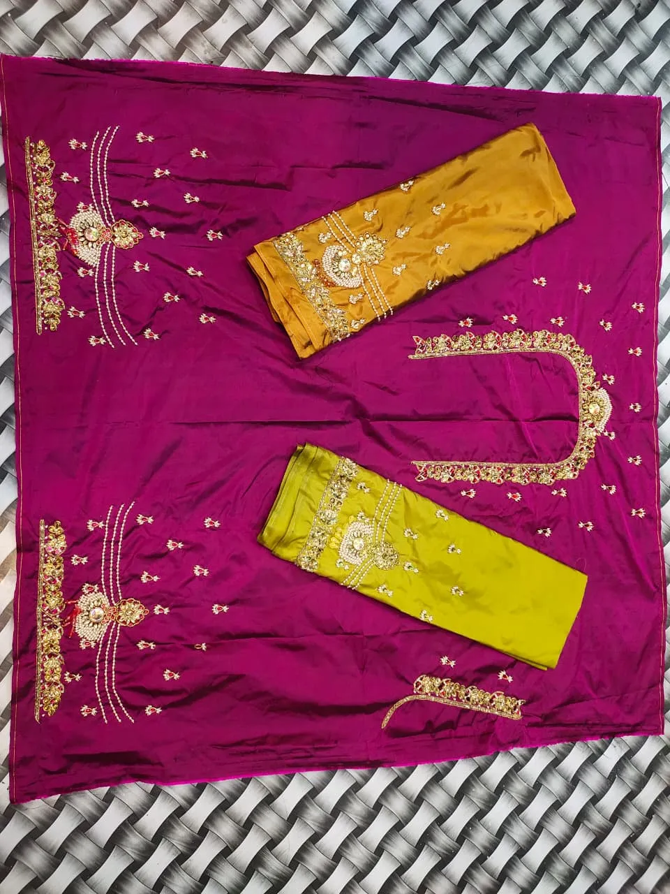 Magenta Raw Silk Blouse Piece | Zari Aari Maggam Work Neck & Medallion Sleeves