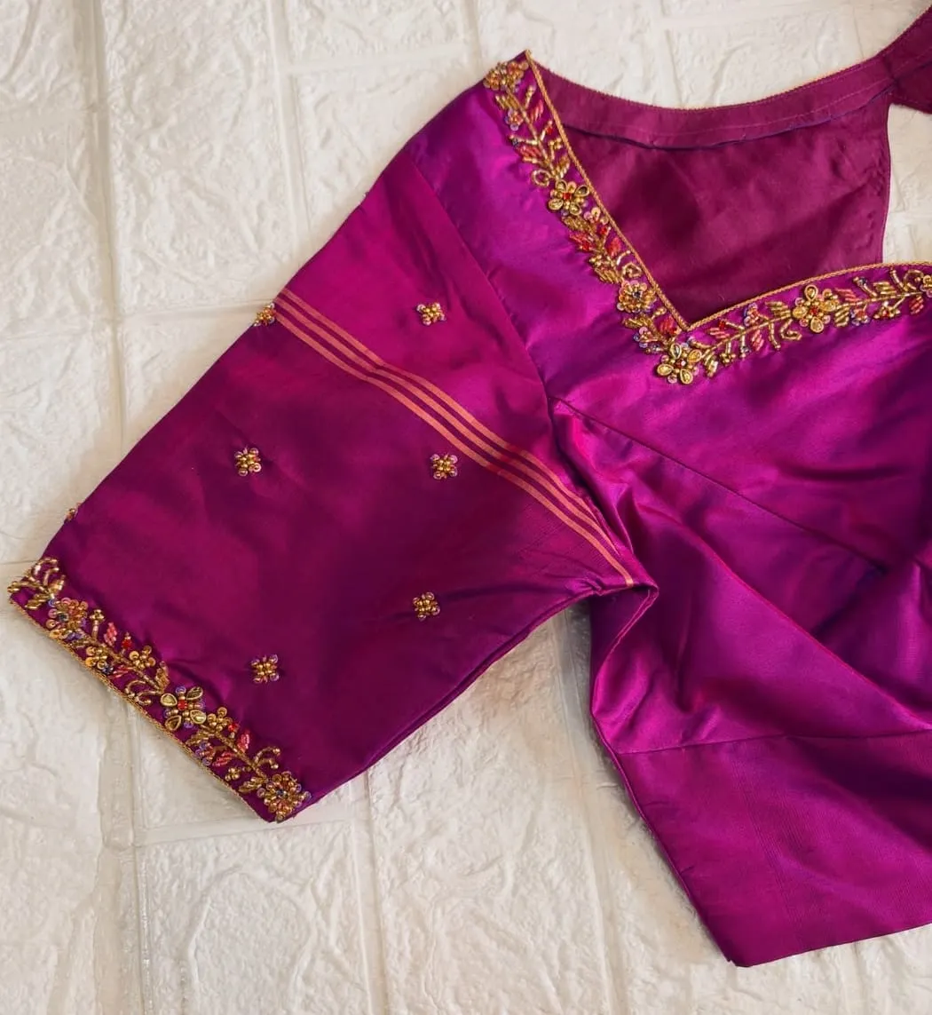 Magenta Raw Silk Blouse with Handcrafted Aari Zardosi Cutout Back Neck Design | Bridal Readymade Saree Blouse