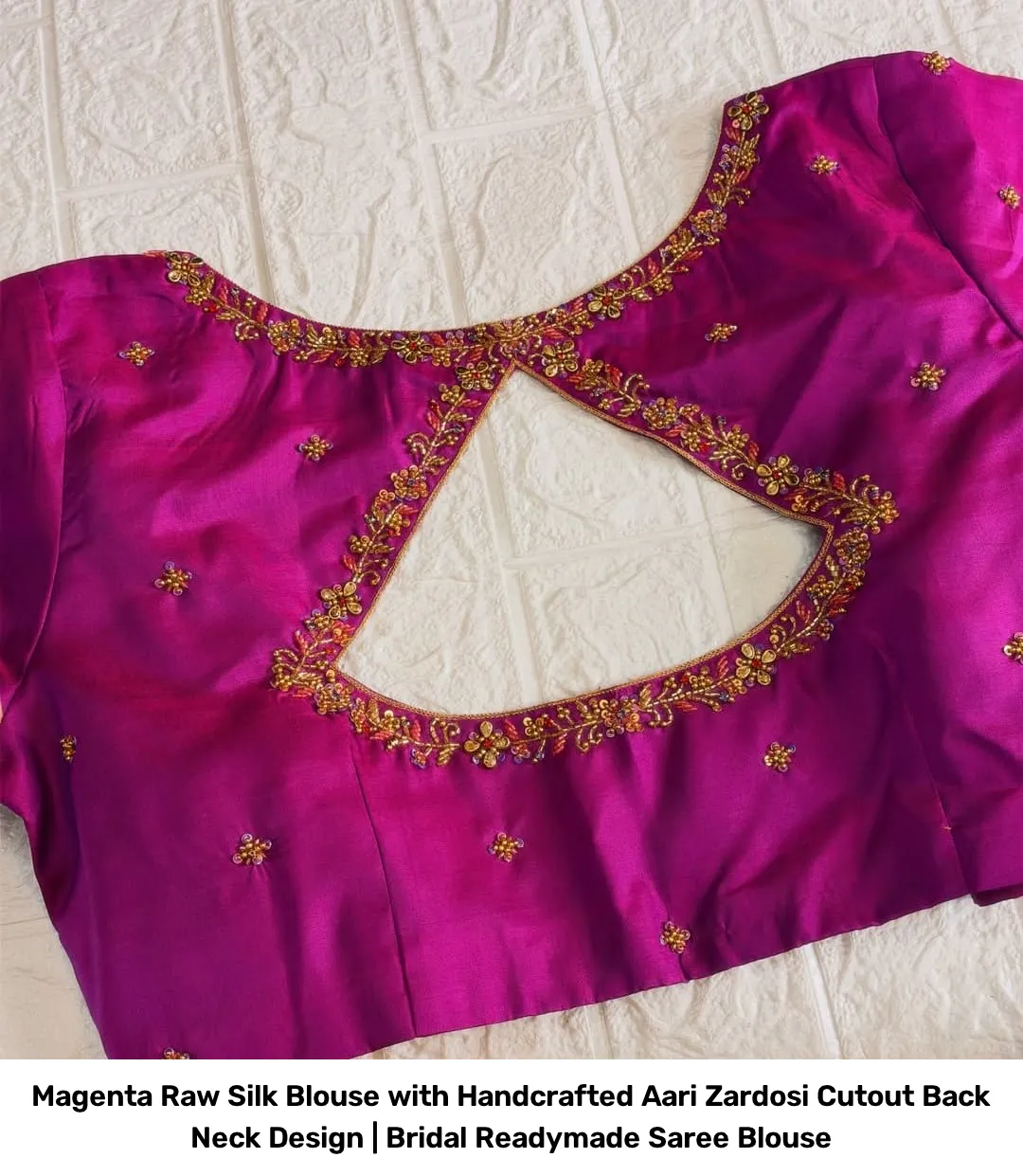 Magenta Raw Silk Blouse with Handcrafted Aari Zardosi Cutout Back Neck Design | Bridal Readymade Saree Blouse 2