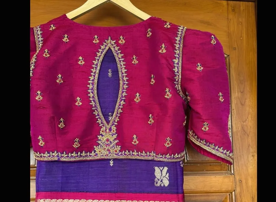 Magenta Raw Silk Blouse with Oval Keyhole Back & Aari Zardosi Work | Bridal Saree Blouse with Puff Sleeves