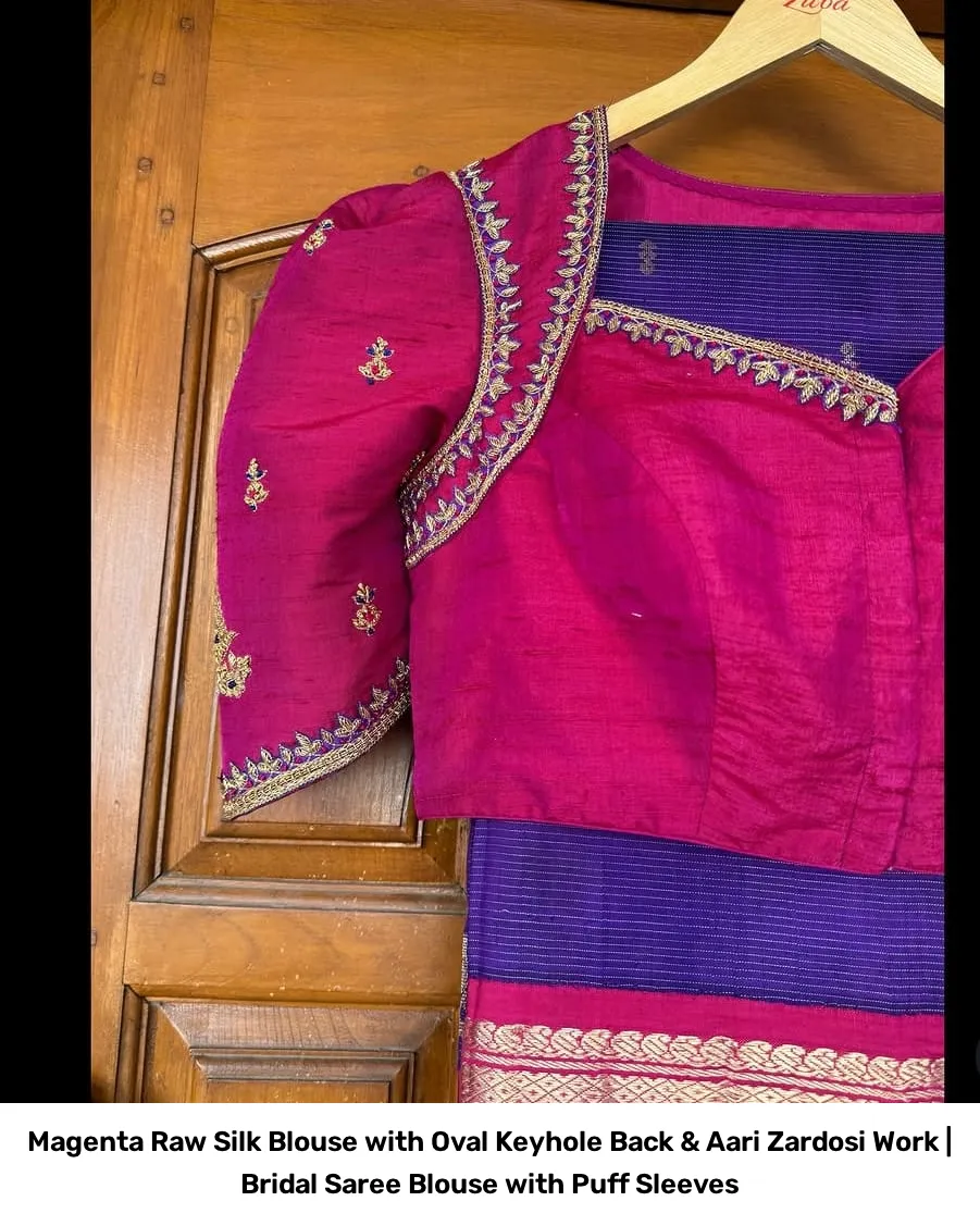 Magenta Raw Silk Blouse with Oval Keyhole Back & Aari Zardosi Work | Bridal Saree Blouse with Puff Sleeves 2