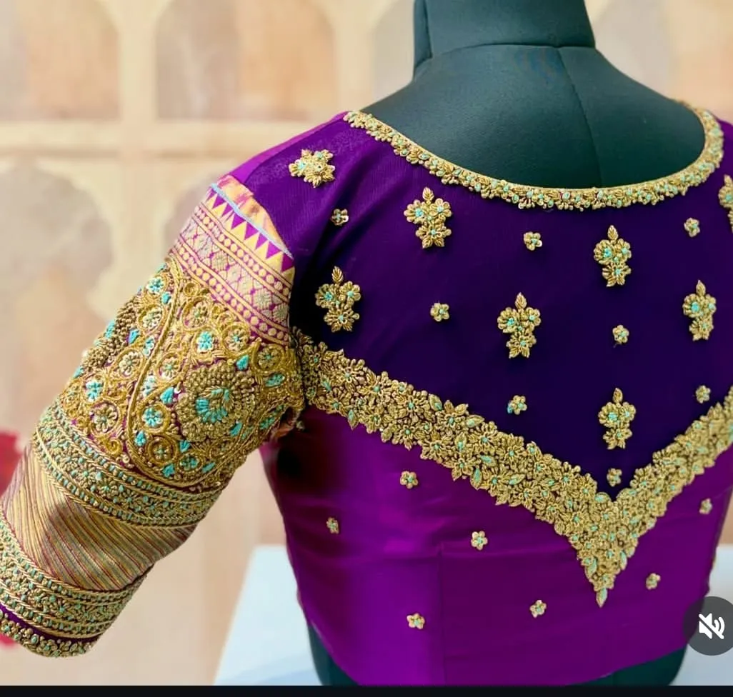 Magenta Raw Silk Bridal Blouse | Heavy Aari Work & V-Back Neck