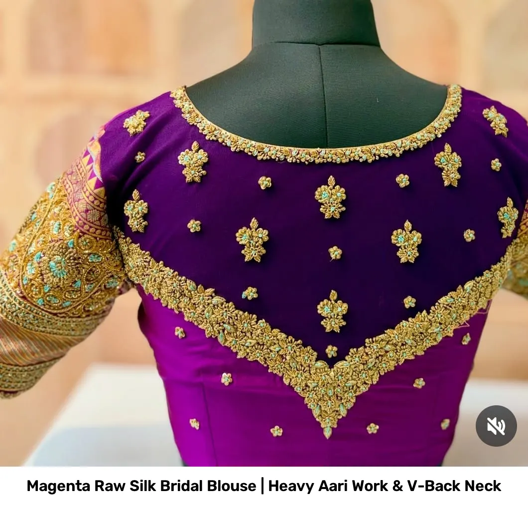 Magenta Raw Silk Bridal Blouse | Heavy Aari Work & V-Back Neck 2