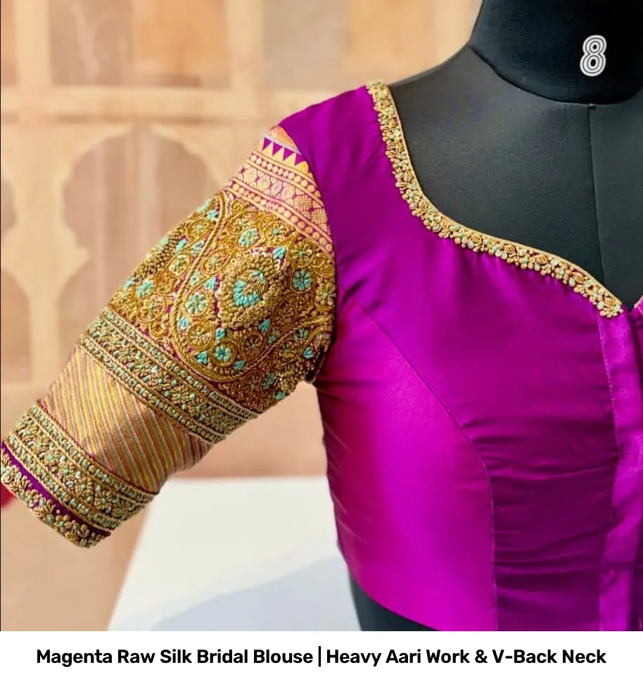 Magenta Raw Silk Bridal Blouse | Heavy Aari Work & V-Back Neck 3