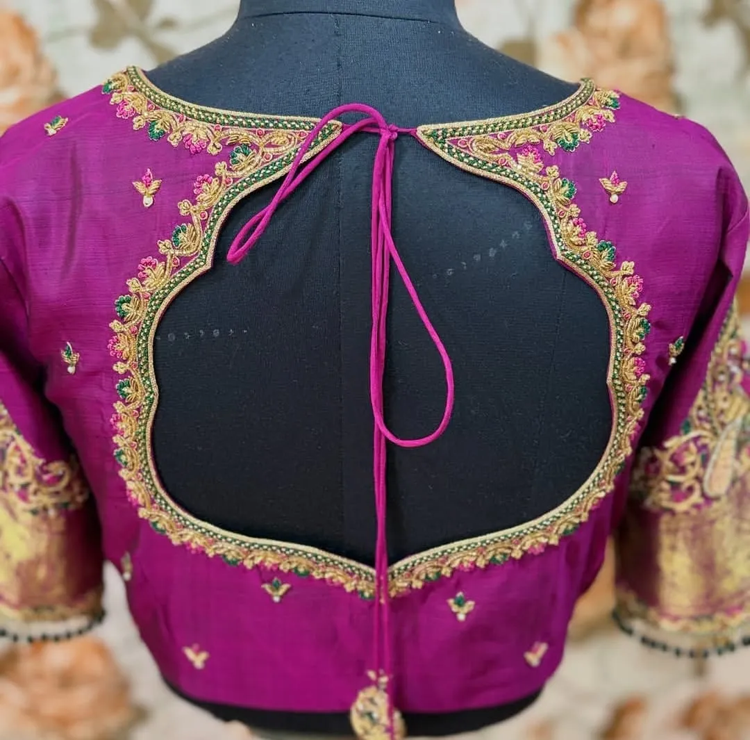 Magenta Raw Silk Bridal Blouse with Cut-Out Back Neck | Handcrafted Maggam Aari Work Blouse for Silk Sarees 1