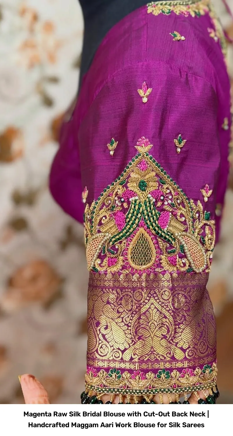Magenta Raw Silk Bridal Blouse with Cut-Out Back Neck | Handcrafted Maggam Aari Work Blouse for Silk Sarees 2