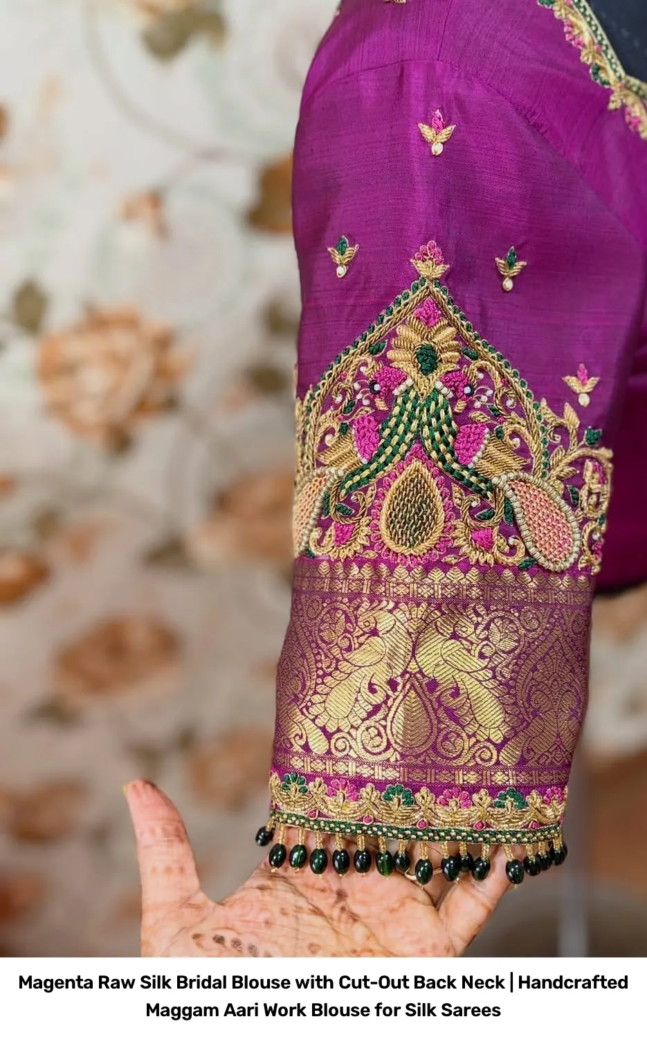 Magenta Raw Silk Bridal Blouse with Cut-Out Back Neck | Handcrafted Maggam Aari Work Blouse for Silk Sarees 3
