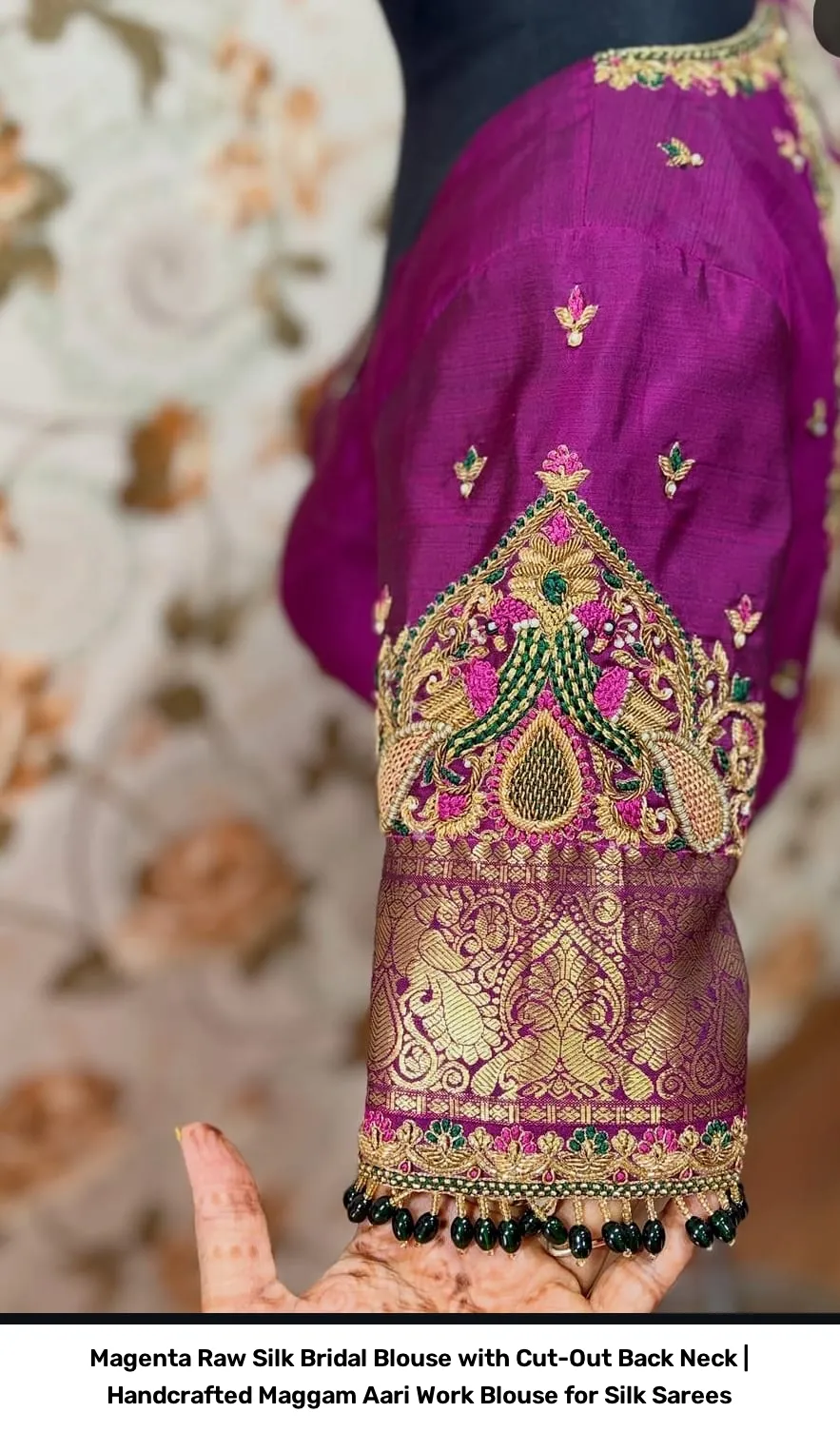 Magenta Raw Silk Bridal Blouse with Cut-Out Back Neck | Handcrafted Maggam Aari Work Blouse for Silk Sarees 4