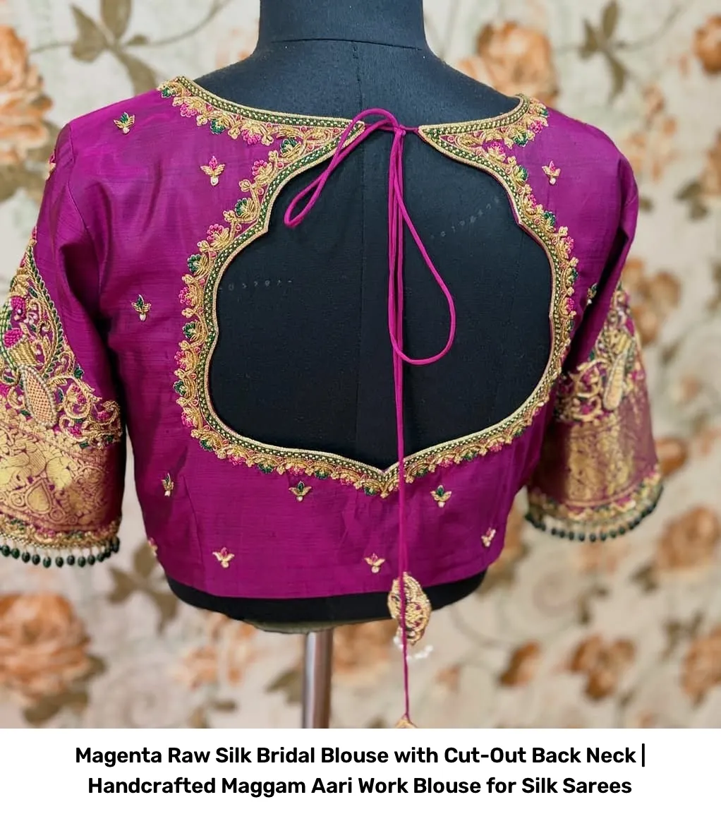 Magenta Raw Silk Bridal Blouse with Cut-Out Back Neck | Handcrafted Maggam Aari Work Blouse for Silk Sarees 5