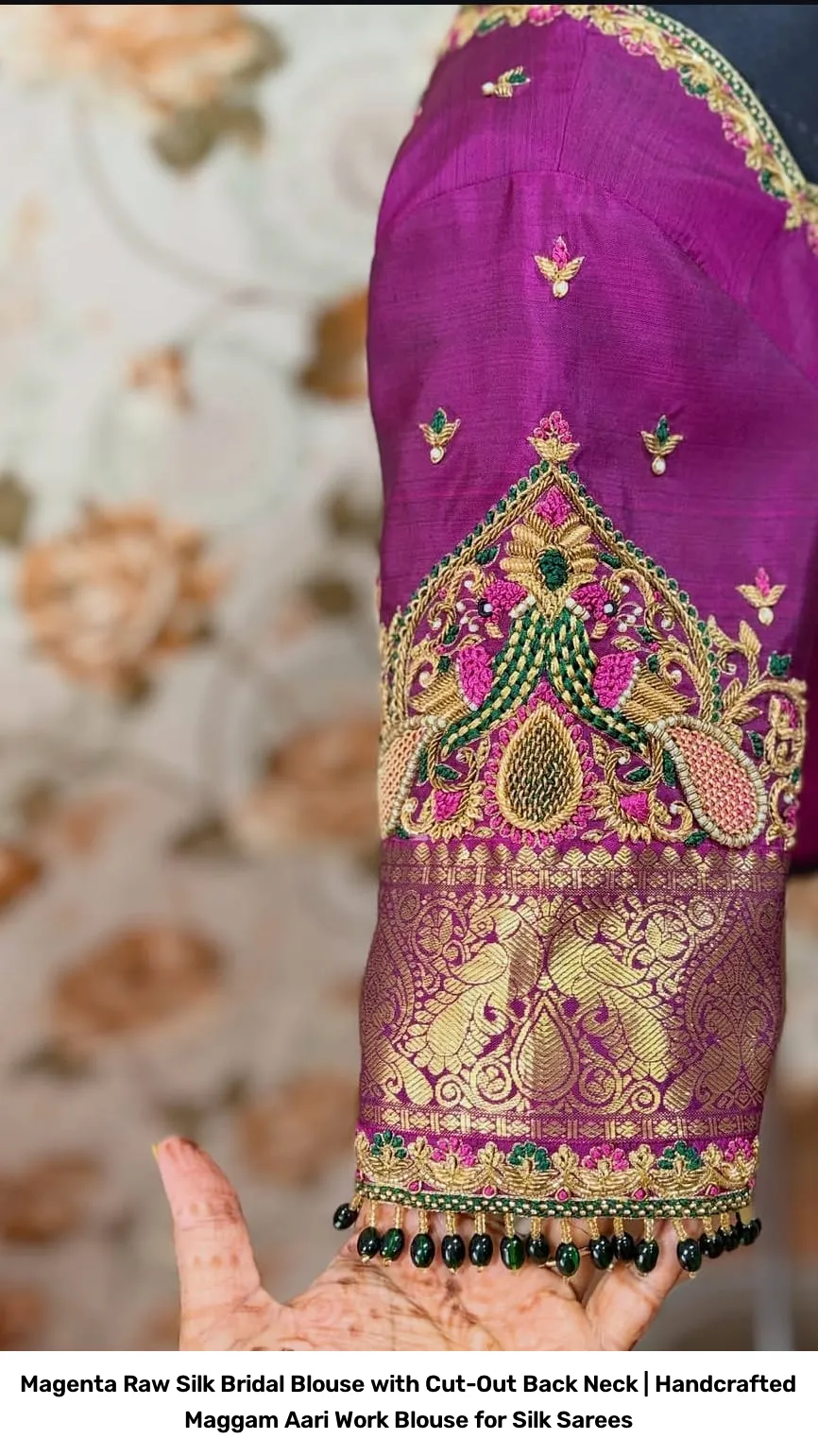 Magenta Raw Silk Bridal Blouse with Cut-Out Back Neck | Handcrafted Maggam Aari Work Blouse for Silk Sarees 6