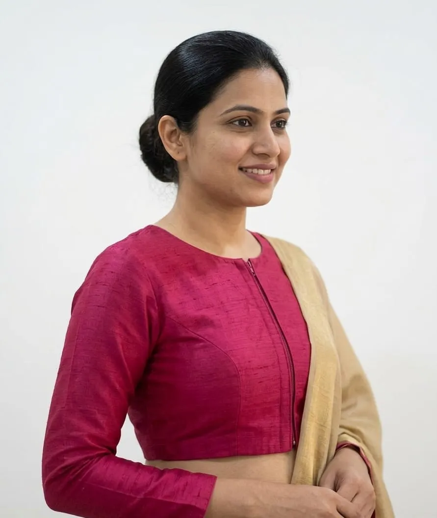Magenta Raw Silk High Neck Blouse | Front Zip