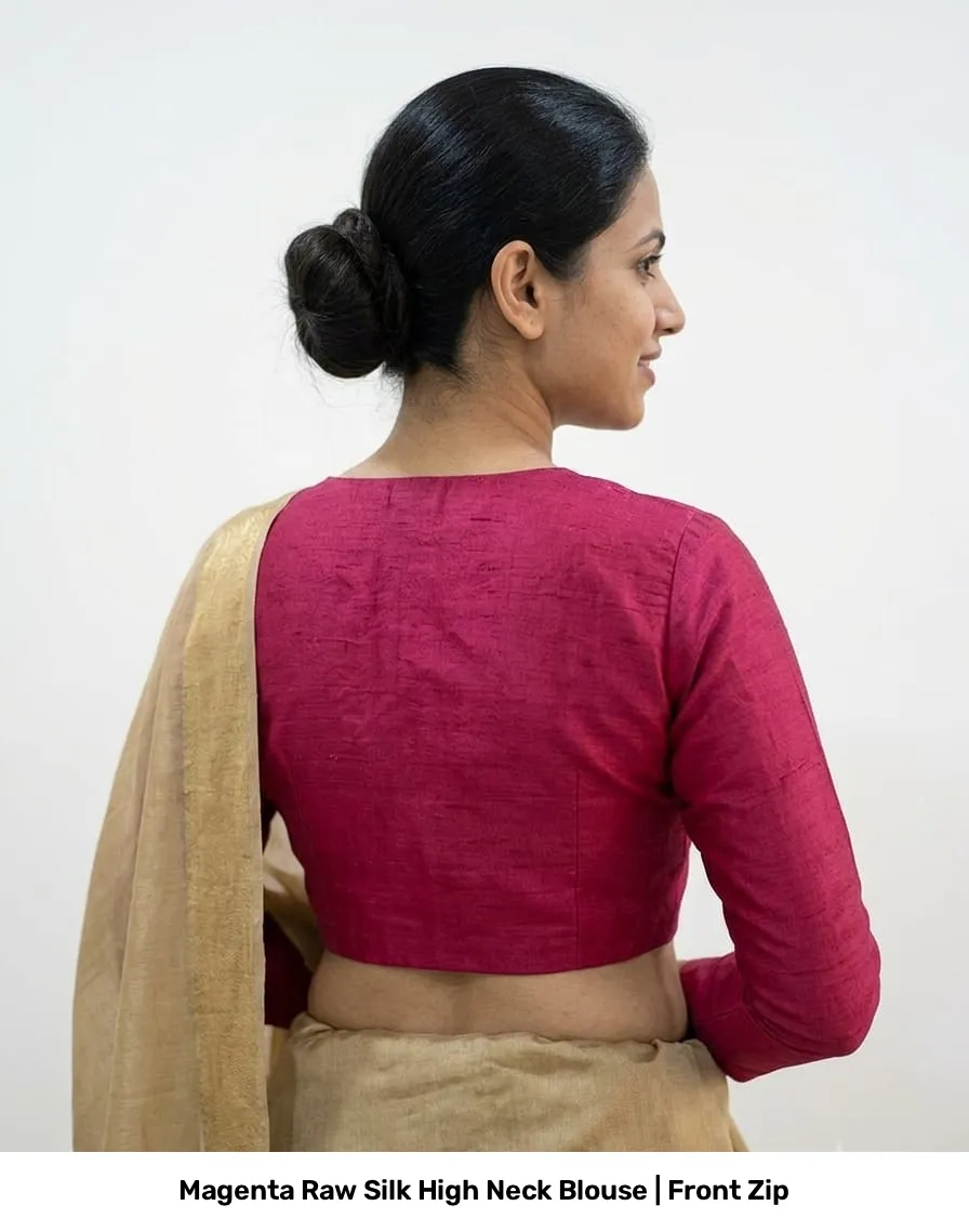 Magenta Raw Silk High Neck Blouse | Front Zip 2