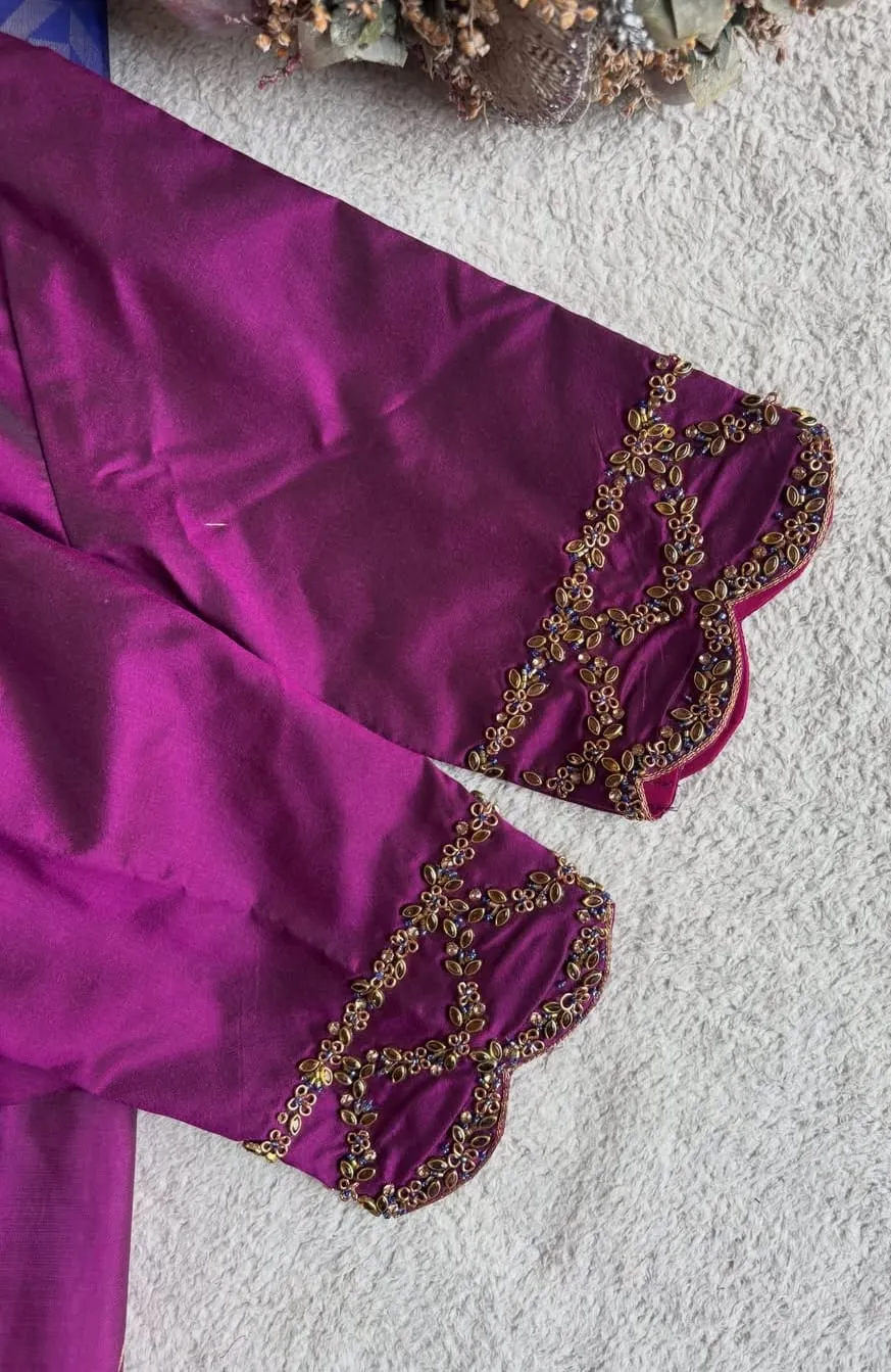 Magenta Raw Silk Readymade Saree Blouse with Cutwork Sleeves | Hand Embroidered Zardozi & Bead Work Boat Neck Blouse