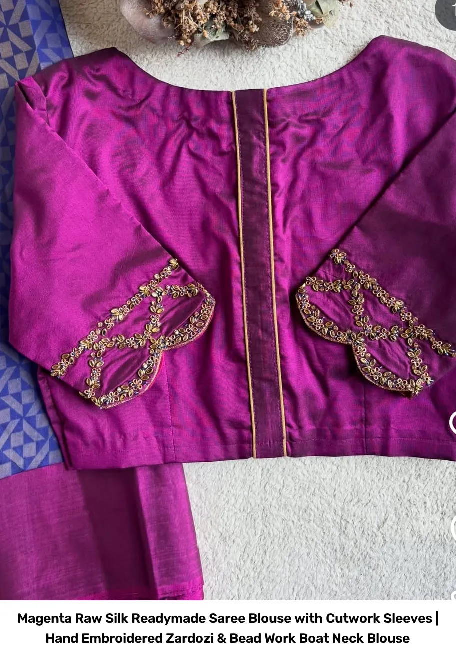 Magenta Raw Silk Readymade Saree Blouse with Cutwork Sleeves | Hand Embroidered Zardozi & Bead Work Boat Neck Blouse 2