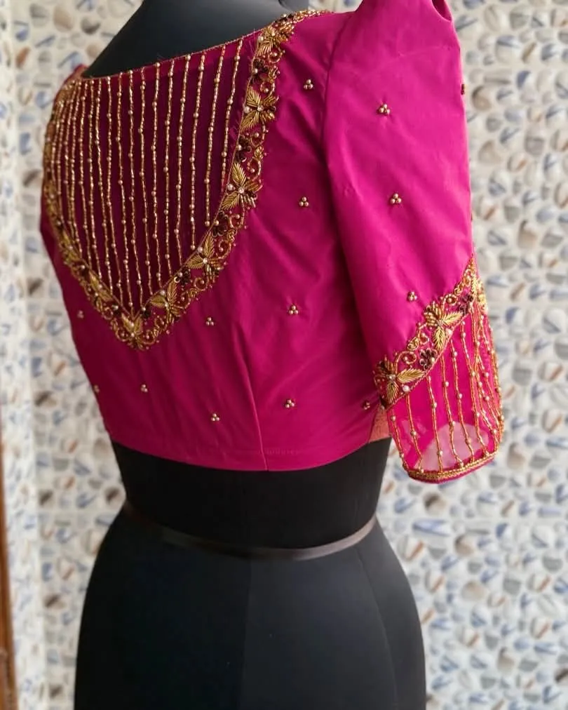 Magenta Sheer Net Back Pearl Tassel Maggam Work Blouse