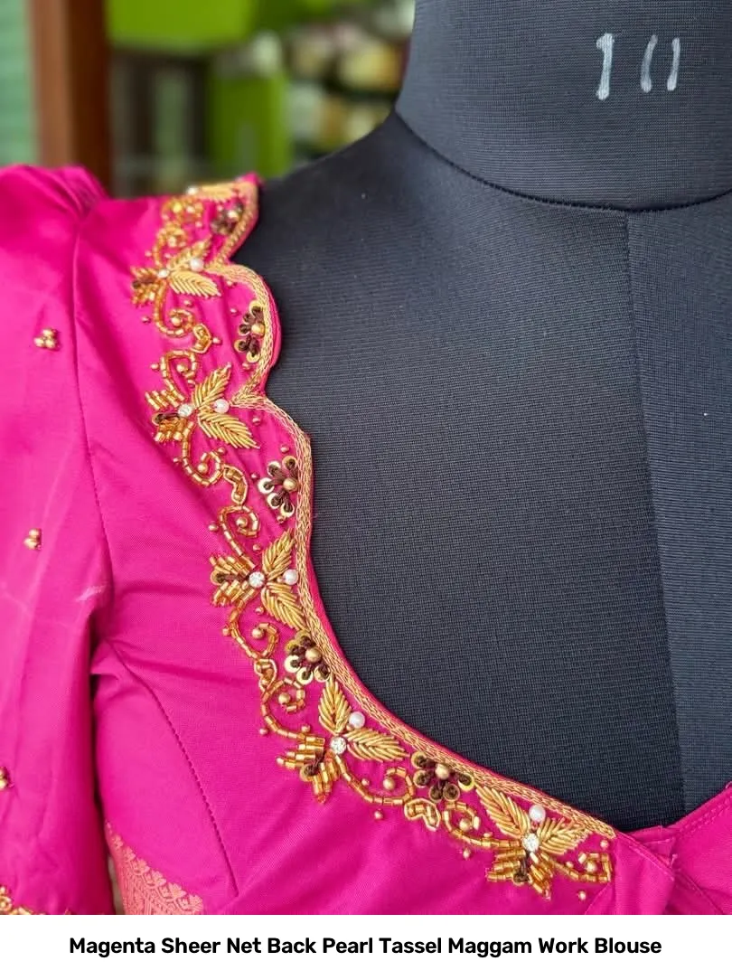 Magenta Sheer Net Back Pearl Tassel Maggam Work Blouse 2