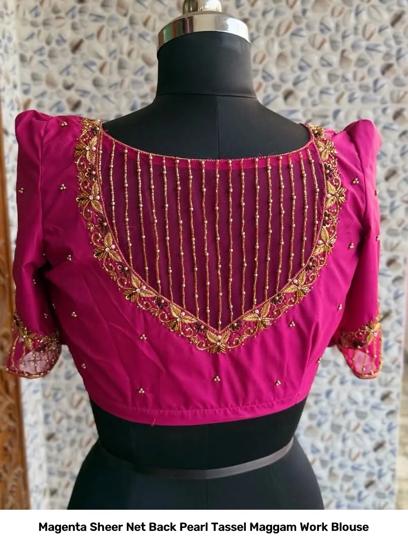 Magenta Sheer Net Back Pearl Tassel Maggam Work Blouse 3