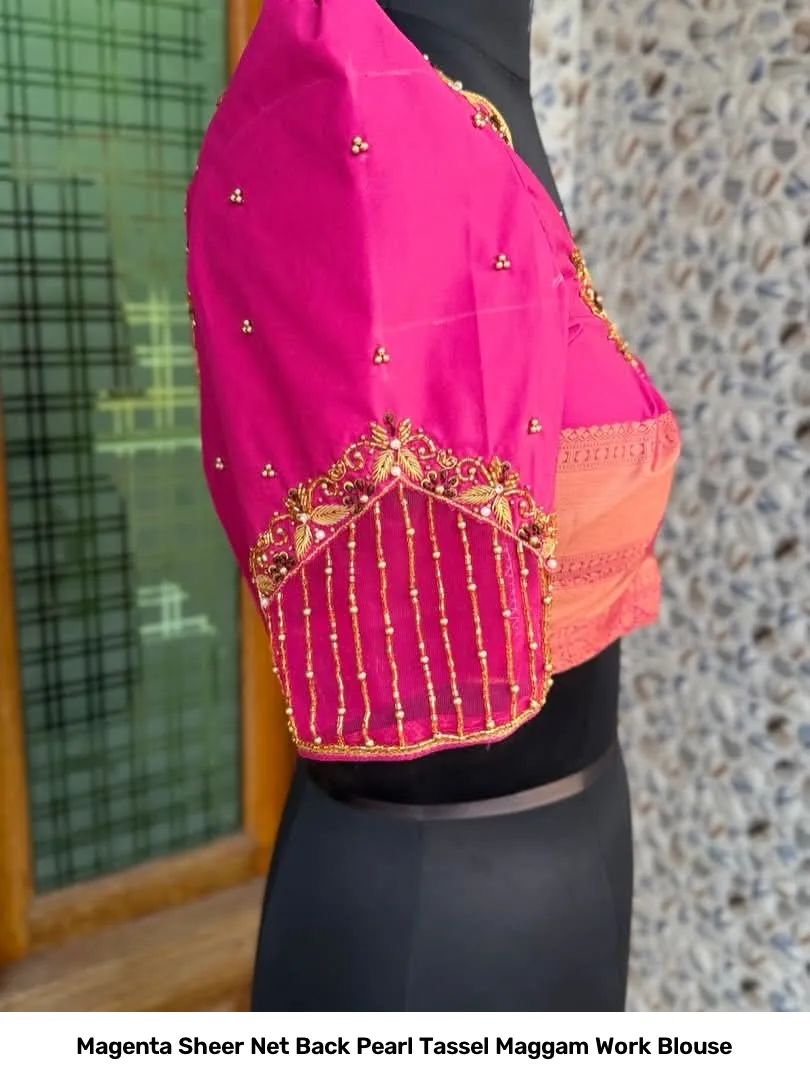 Magenta Sheer Net Back Pearl Tassel Maggam Work Blouse 4
