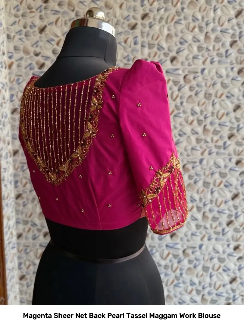 Magenta Sheer Net Back Pearl Tassel Maggam Work Blouse 5