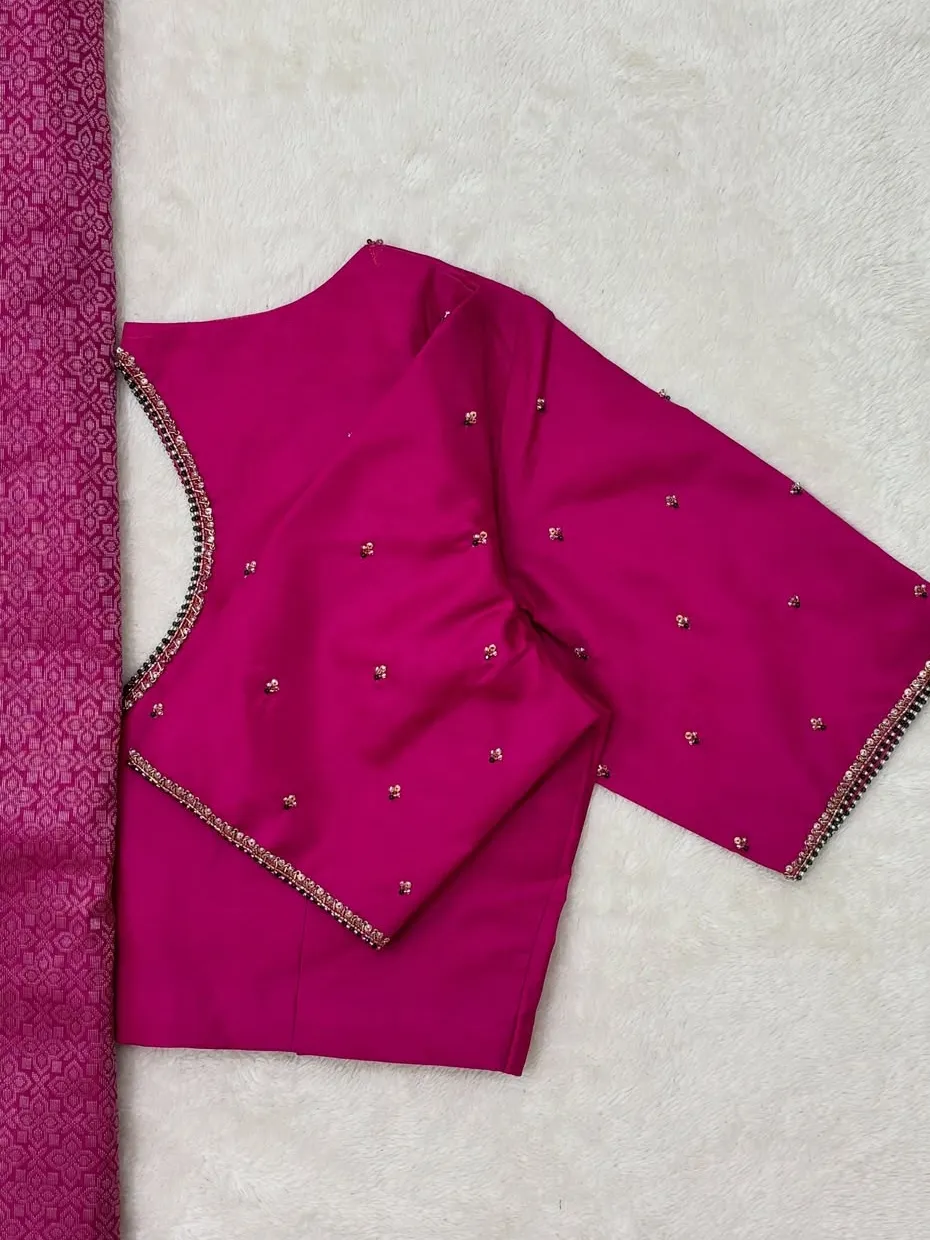Magenta Silk Cut Out Back Maggam Work Blouse