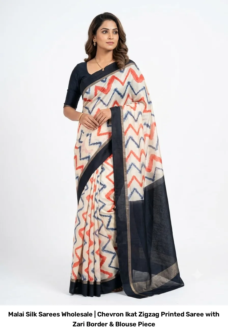 Malai Silk Sarees Wholesale | Chevron Ikat Zigzag Printed Saree with Zari Border & Blouse Piece 2