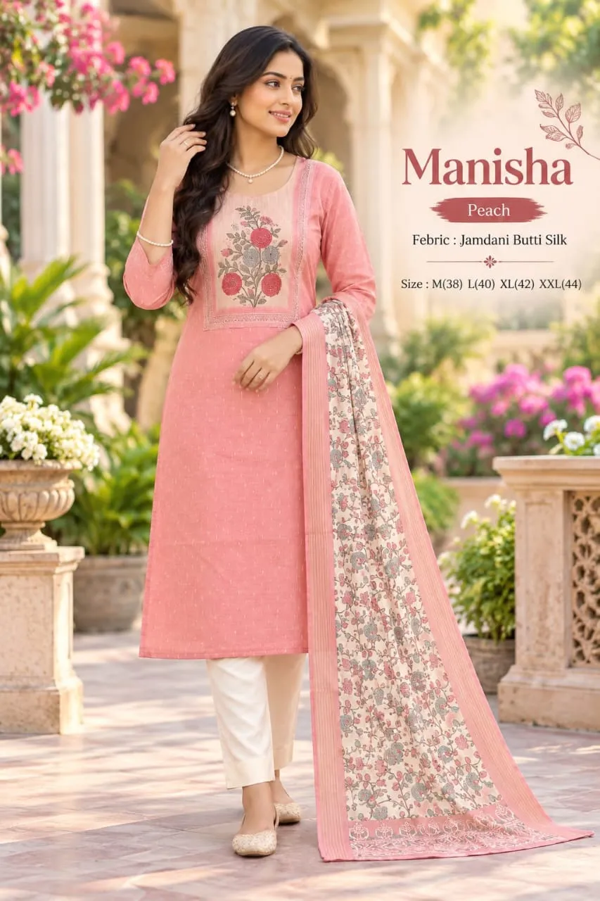 Manisha Jamdani Butti Silk Kurti Pant Set with Dupatta – 3-Piece Floral Ethnic Suit Set for Women