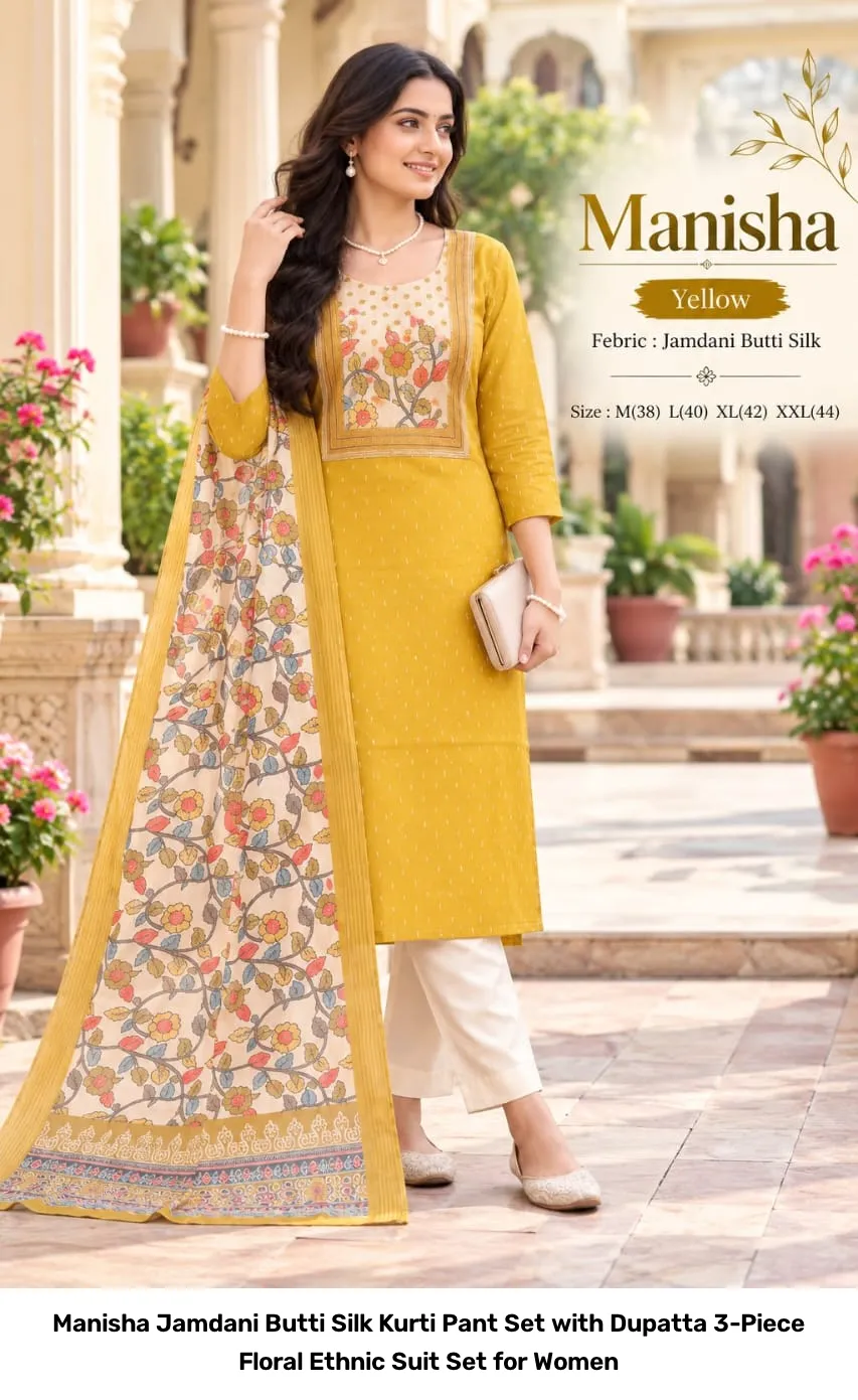 Manisha Jamdani Butti Silk Kurti Pant Set with Dupatta – 3-Piece Floral Ethnic Suit Set for Women 2