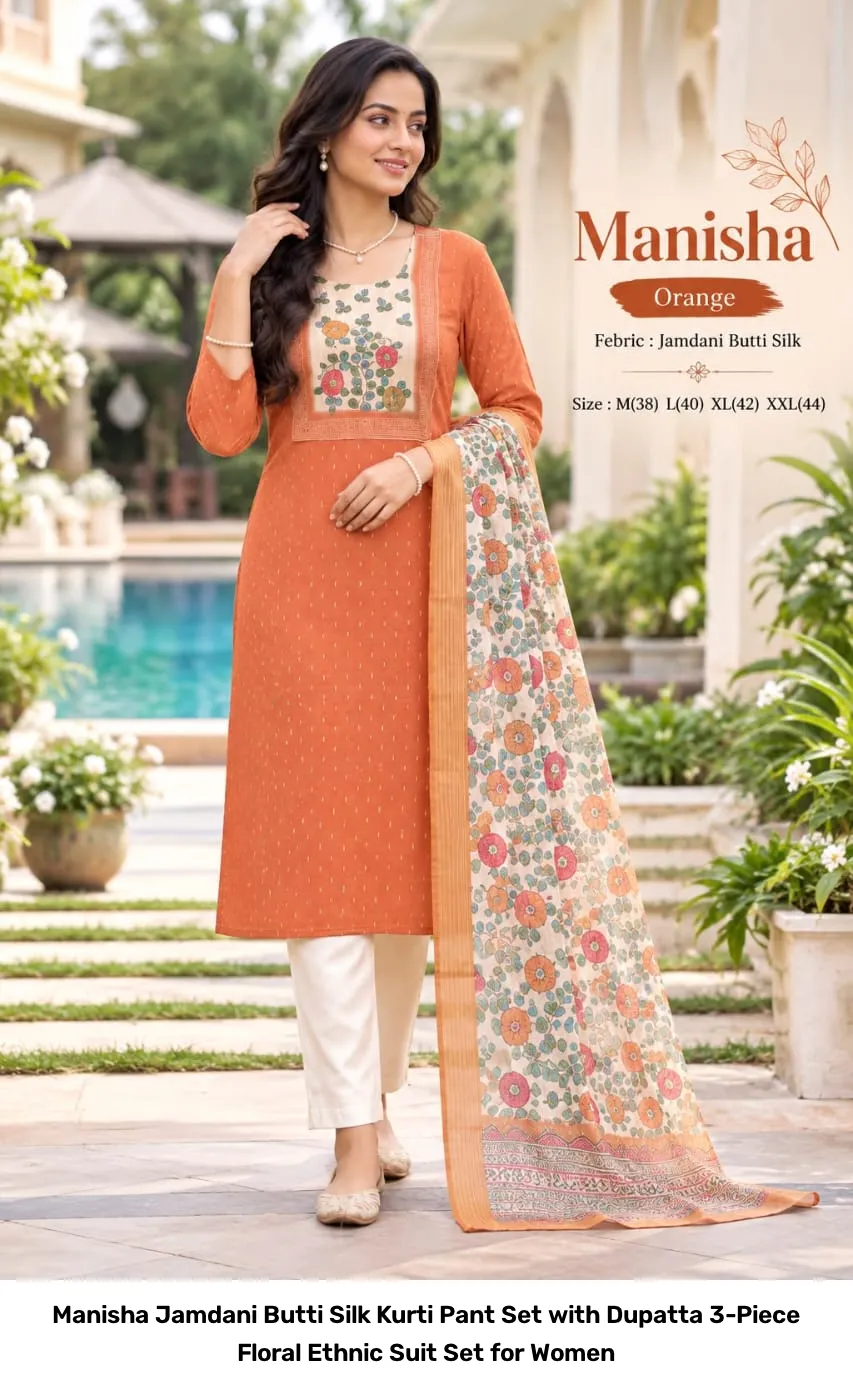 Manisha Jamdani Butti Silk Kurti Pant Set with Dupatta – 3-Piece Floral Ethnic Suit Set for Women 3
