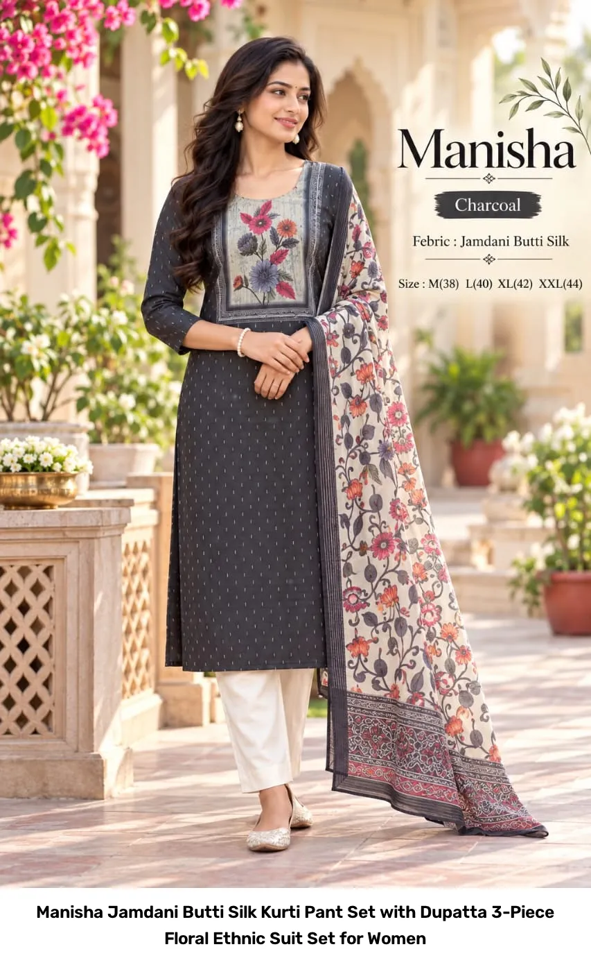 Manisha Jamdani Butti Silk Kurti Pant Set with Dupatta – 3-Piece Floral Ethnic Suit Set for Women 4