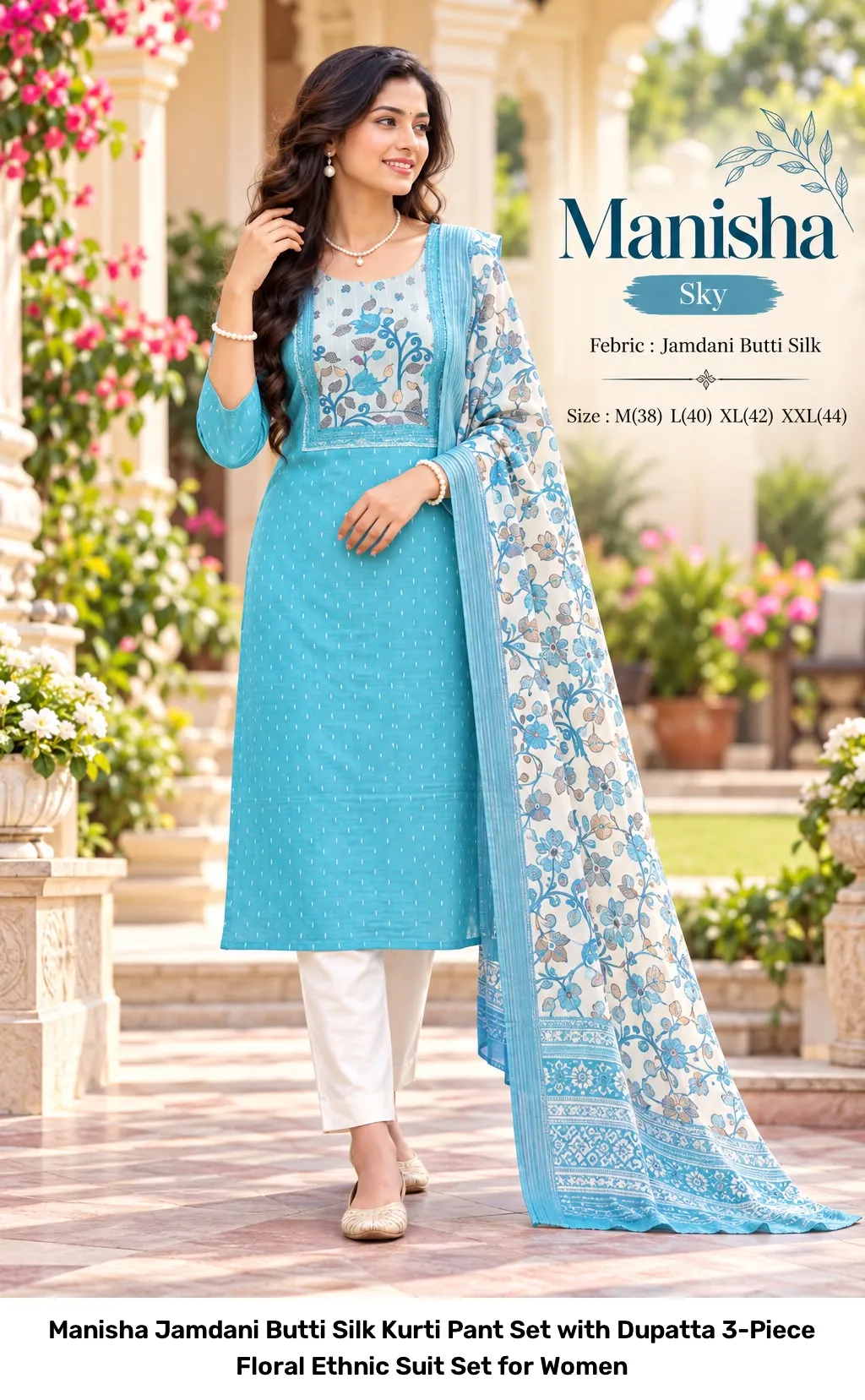 Manisha Jamdani Butti Silk Kurti Pant Set with Dupatta – 3-Piece Floral Ethnic Suit Set for Women 5