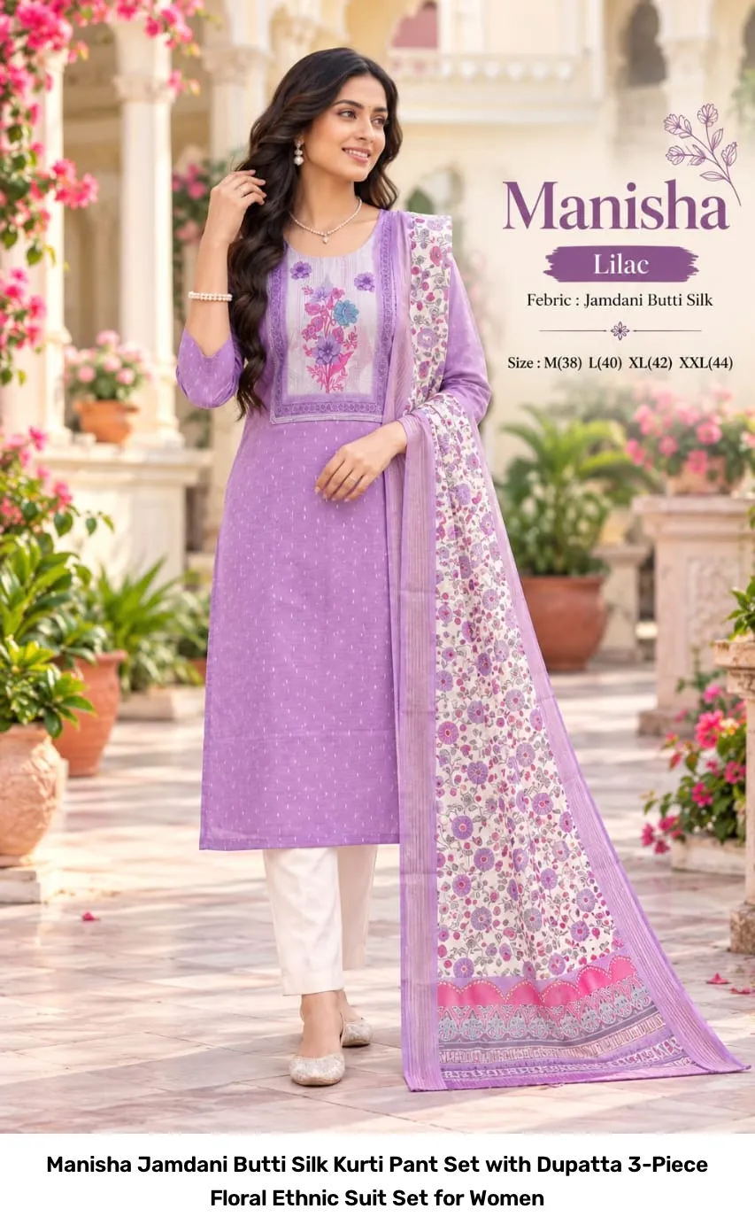 Manisha Jamdani Butti Silk Kurti Pant Set with Dupatta – 3-Piece Floral Ethnic Suit Set for Women 6
