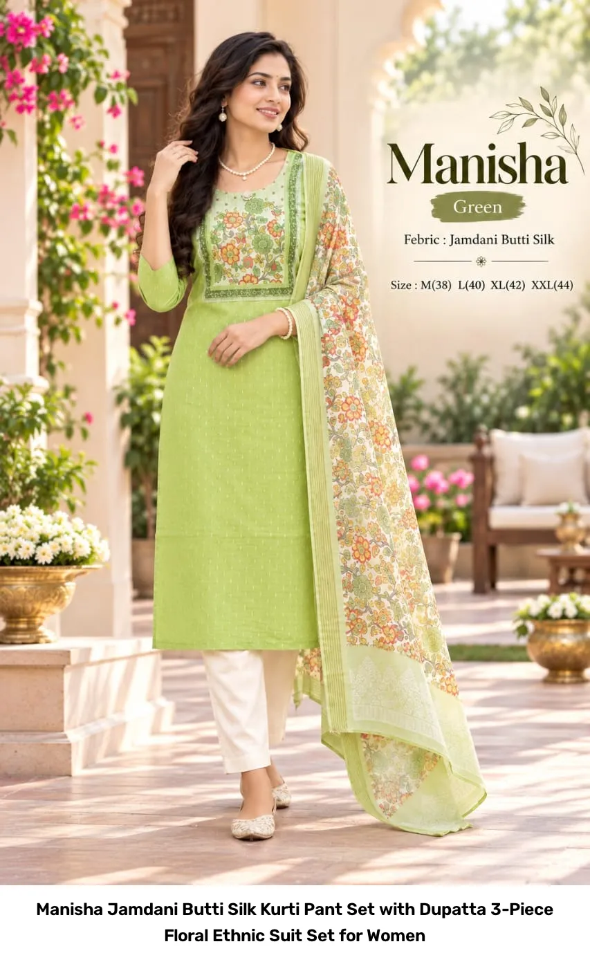 Manisha Jamdani Butti Silk Kurti Pant Set with Dupatta – 3-Piece Floral Ethnic Suit Set for Women 7